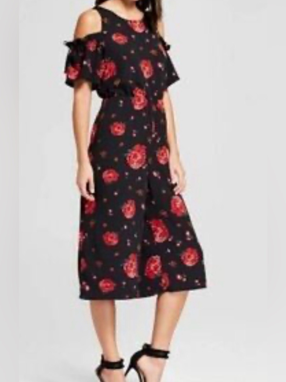 Black Cold-Shoulder Floral Romper with Red Roses